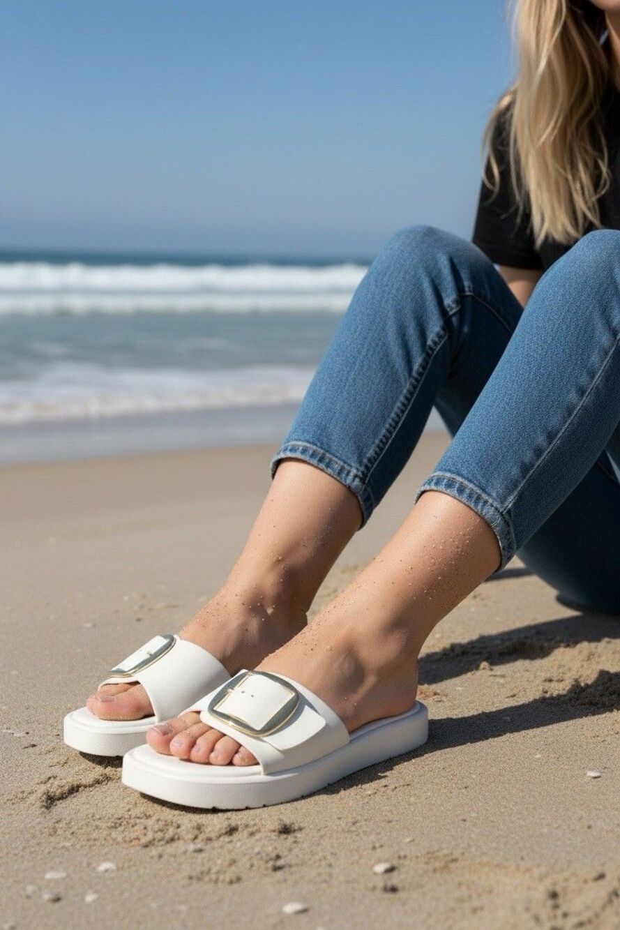 Bamboo Women Single Strap Buckle Slide Sandals Size 8 - 8.5